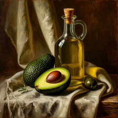 Beautiful still life with avocado and olive oil.