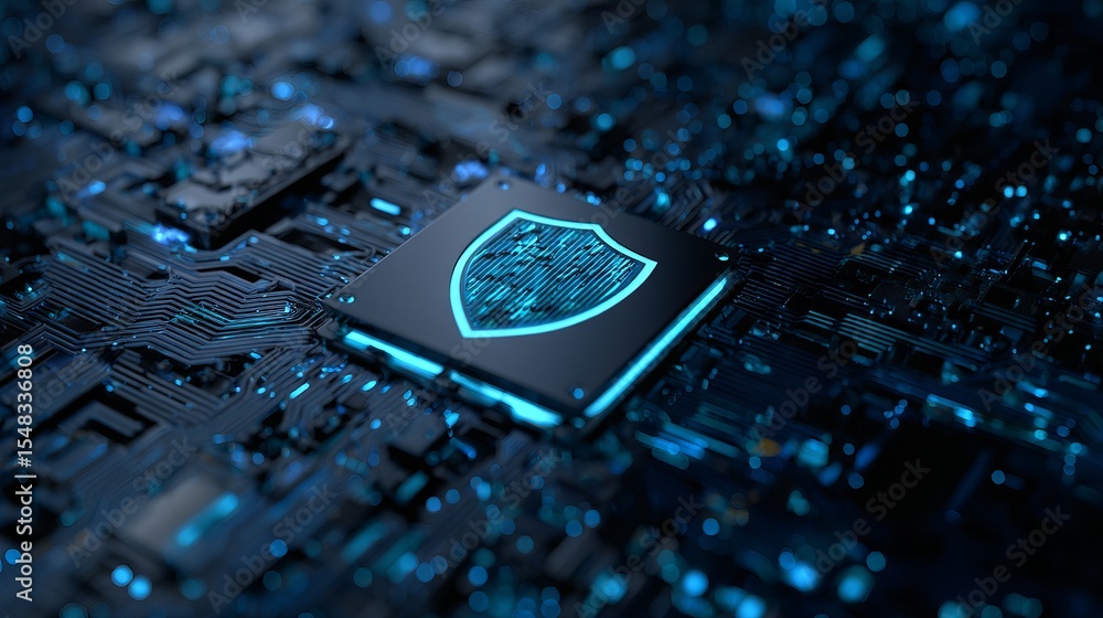 Poster cybersecurity digital shield protection technology abstract background modern circuit board electron