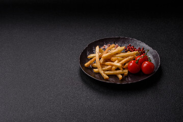 Food, French fries fried with salt and rosemary. Homemade crispy chips