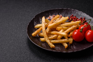 Food, French fries fried with salt and rosemary. Homemade crispy chips
