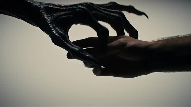 A handshake between a human hand and a black clawed hand against a light colored background