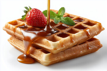 Delicious waffle being drizzled with syrup. The image captures the waffle with syrup and fresh strawberry with mint leaves, perfect for breakfast