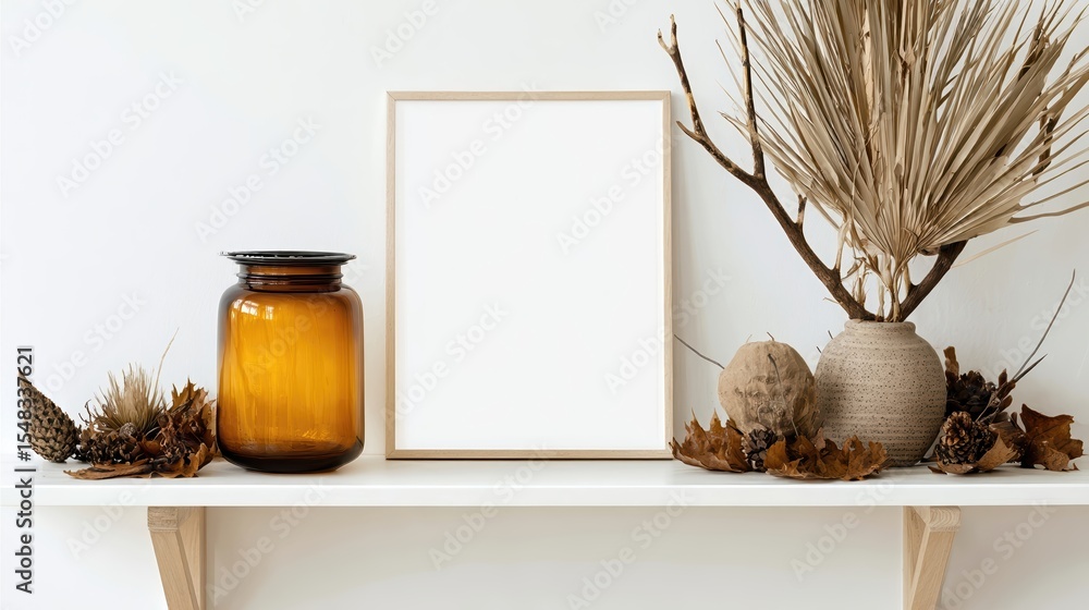 Poster minimalist shelf featuring a blank frame and decorative amber glass jar with neutral elements