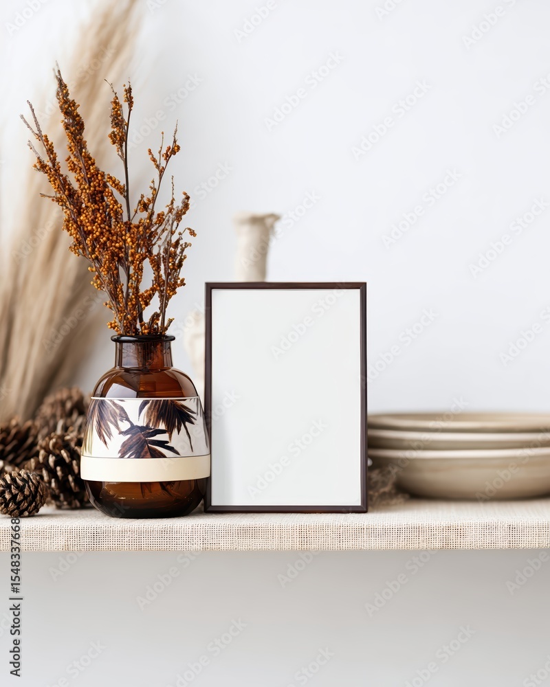 Poster minimalist shelf with a blank frame and amber glass jar showcasing a serene home decor setup
