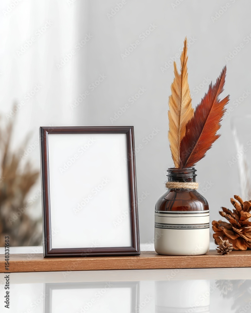 Poster Minimalist Shelf With Blank Frame and Amber Jar Featuring Decorative Feathers in a Serene Setting