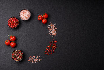 Ingredients for cooking cherry tomatoes, salt, spices and herbs