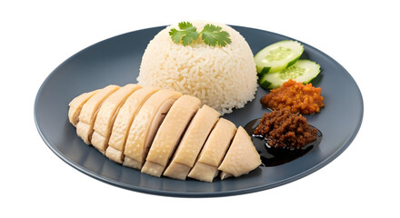 A Plate of Malaysian Hainanese Chicken Rice with Poached Chicken and Chili Sauce on isolated transparent background