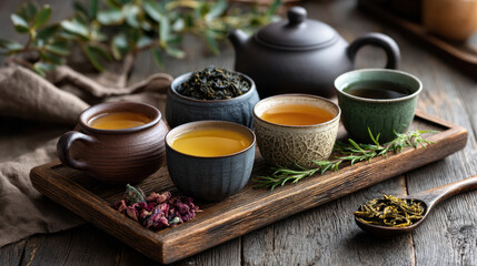 Variety herbal teas in ceramic cups with teapot and herbs on rustic wooden tray