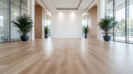 Fototapeta premium An elegant and spacious hallway filled with natural light and greenery, featuring tall windows and an inviting wooden aesthetic that promotes a calm and fresh atmosphere.