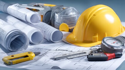 Fototapeta premium Flat layout of architectural tools and safety gear over blueprints
