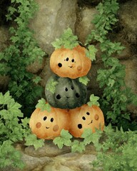 Stack of Cheerful Pumpkins With Painted Faces Brightening a Garden Corner With Ivy