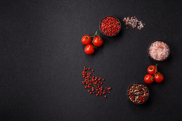 Ingredients for cooking cherry tomatoes, salt, spices and herbs