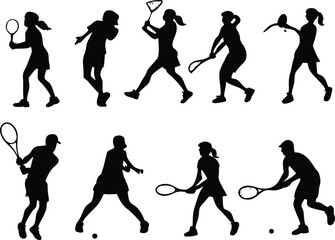 Silhouettes of female tennis players in various action poses, including serving, swinging, and hitting the ball, showcasing athleticism and technique in competitive tennis.