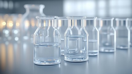 Assorted glass laboratory equipment on a polished tabletop in a modern scientific laboratory setting