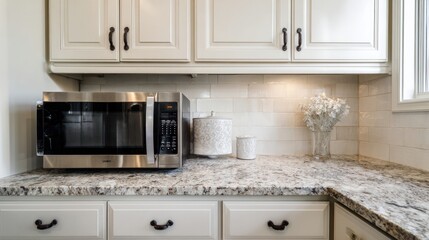 Fototapeta premium Kitchen countertop with microwave oven shut and visible from the front