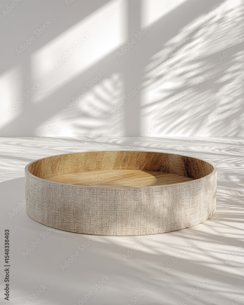 Aufkleber Elegant Round Tray on Wooden Tabletop With Subtle Shadows in a Softly Lit Setting