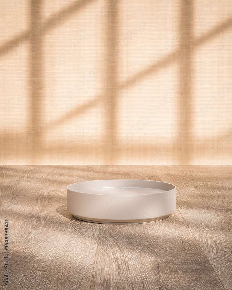 Poster Wooden Tabletop With Soft Shadows and a Round Tray Enhancing Natural Light in a Serene Setting