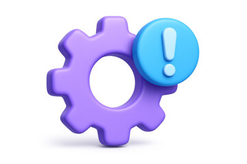 3D Purple Gear Icon with Floating Blue Exclamation Mark – Settings Alert and System Warning Concept