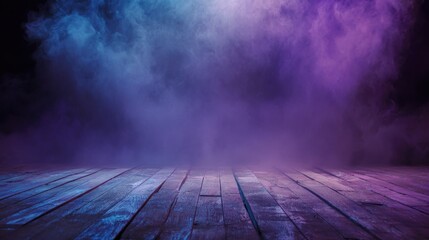 Premium photo of blue purple lighting and smoke on stage with floor wood.
