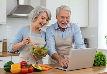 Senior couple cooking healthy food together watching online recipe on laptop in kitchen at home smiling