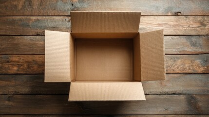 Open cardboard box seen from above on a wooden tabletop