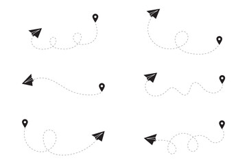 Airplane dashed line path flat style design isolated on white background. plane icon follow from start pin point to finish by dashed line. Airplane route trace flight air map. 