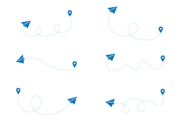 Airplane dashed line path flat style design isolated on white background. plane icon follow from start pin point to finish by dashed line. Airplane route trace flight air map. 