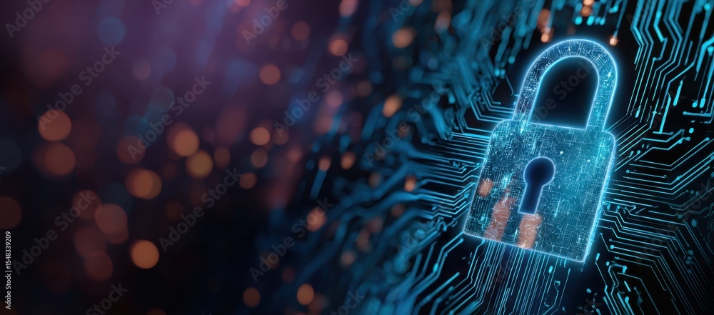 Poster cybersecurity banner background with digital padlock and circuit board elements, symbolizing data pr