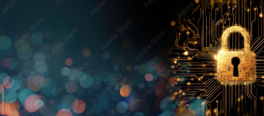 Poster cybersecurity banner background with digital padlock and circuit board elements, symbolizing data pr