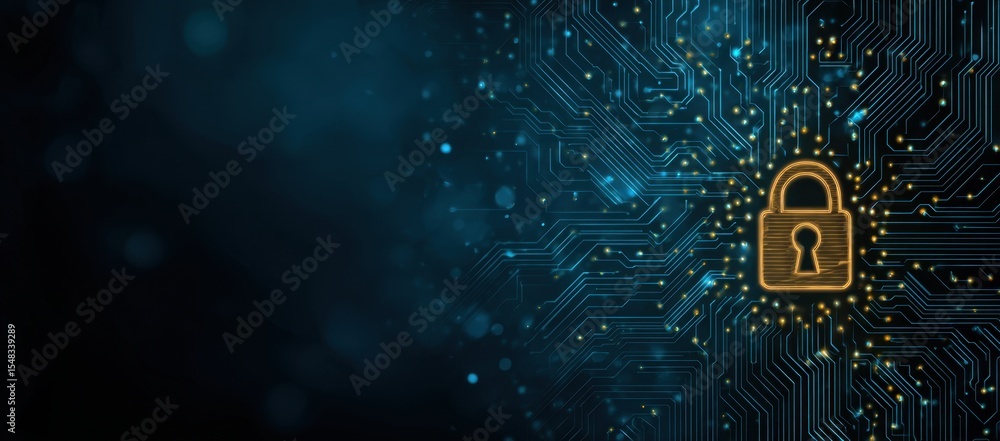 Poster digital background featuring digital security and data protection, circuit board patterns with a pad