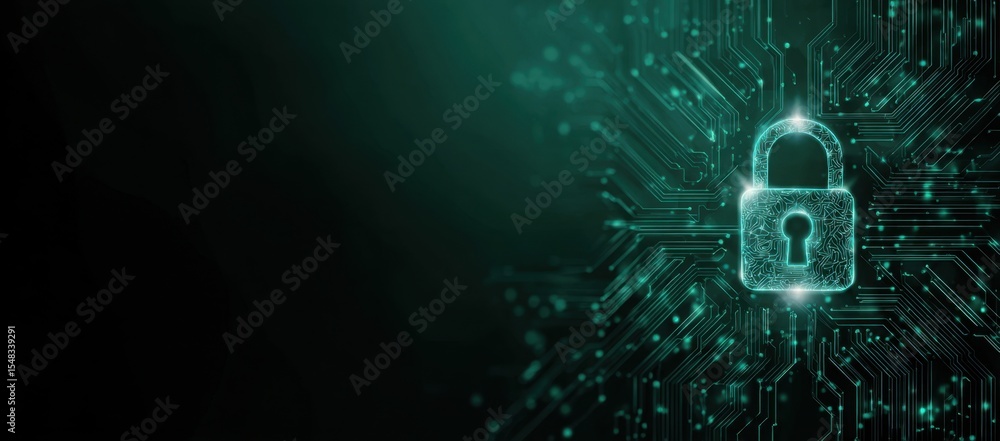 Aufkleber cybersecurity banner background with digital padlock and circuit board elements, symbolizing data pr