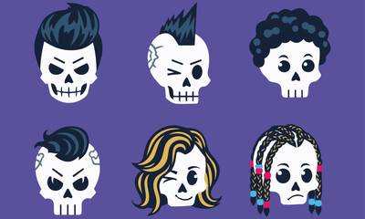 Diverse Skull Heads with Modern and Edgy Hairstyles, edgy hairstyles, including slicked-back, mohawk, afro, short-cropped, and braided styles. helloween coming