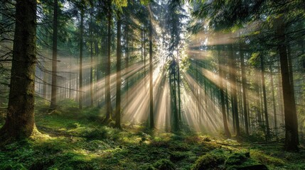 Sunbeams Streaming Through Dense Forest in Morning Light, Capturing Tranquility and Nature's Beauty, Concept of Environmental Awareness, Tourism, Forest Conservation
