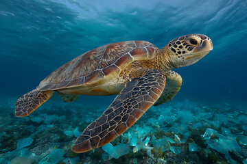 Fototapeta premium Brown Gold Sea Turtle Swimming Underwater Plastic Pollution