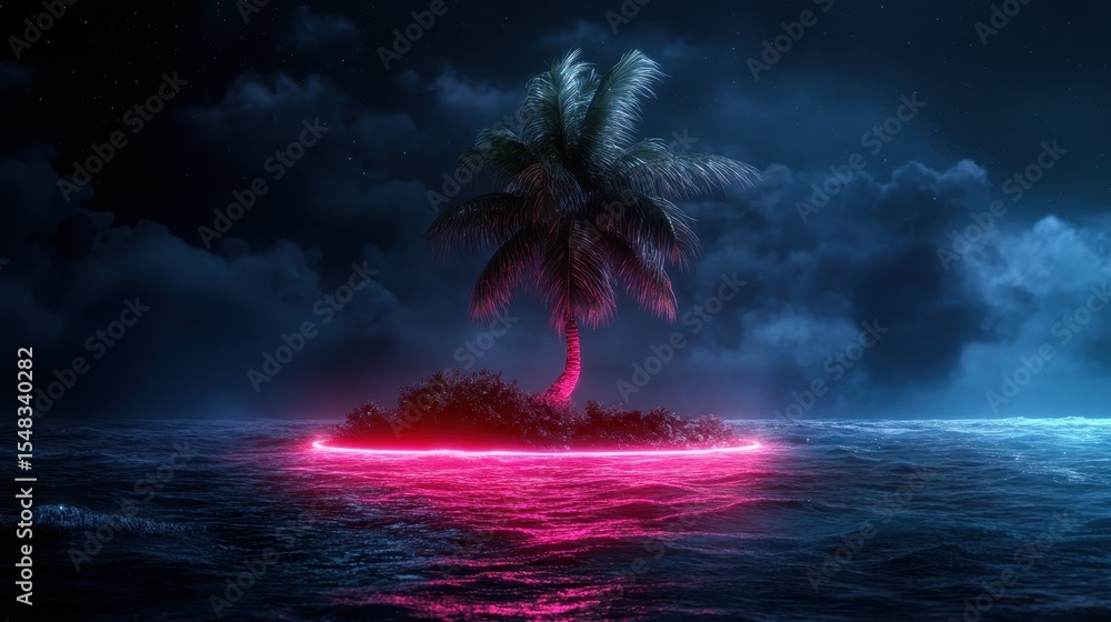 Poster a serene tropical island features a single palm tree surrounded by bioluminescent water at nightfall