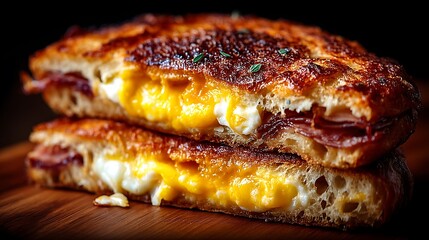 the picture shows two stacked halves of a crispy sandwich on a wood surface. the bread is golden brown and toasted, with melted cheeses and ham visible between the slices