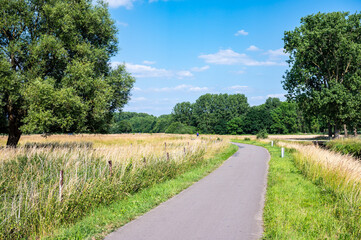 Bending cycling road through the meandering fields at the banks of the river Dyle in Aarschot, Flemish Brabant, Belgium