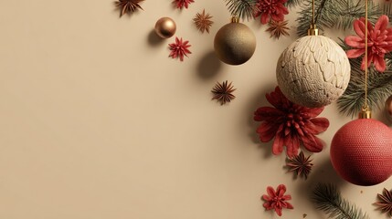 Festive Christmas Arrangement with Red Decorations and Elegant Beige Background