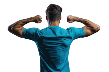 Back-facing Male Soccer Player Flexes Arms for Mockup Design on Gray Background