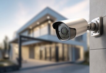 Premium photo of photo of a home security camera mounted on the side wall near the entrance, with a modern house in the background. Web banner with copy space on the left.