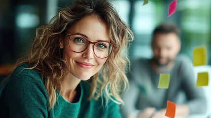 A warm and charming woman with curly hair and glasses smiles at the viewer, exuding positivity and confidence in a contemporary, creative setting filled with color.