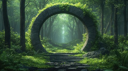 A stone archway leads into a lush forest.