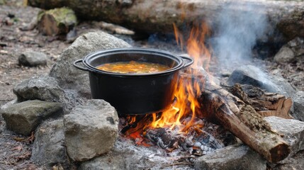 Soup boiling in cast iron pot over open fire, smoke rising, logs and stones arranged around flame, forest ground