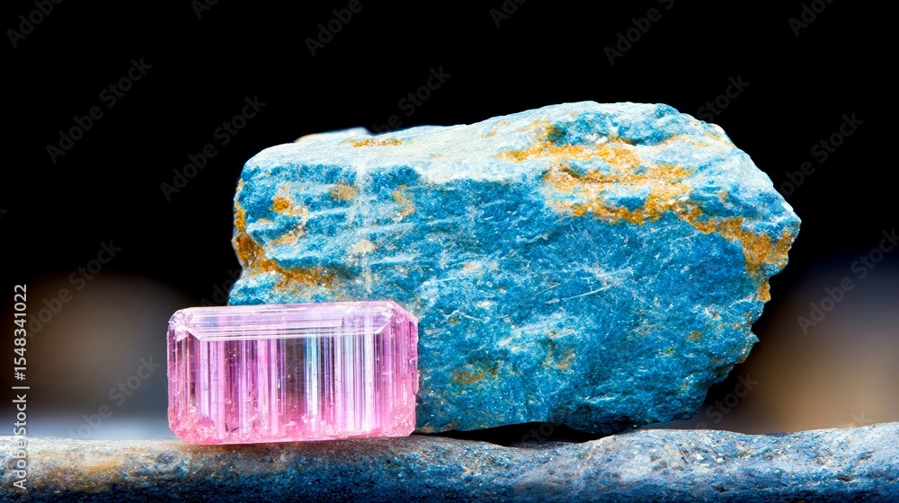 Poster polychrome tourmaline and blue mineral specimen on display in natural setting