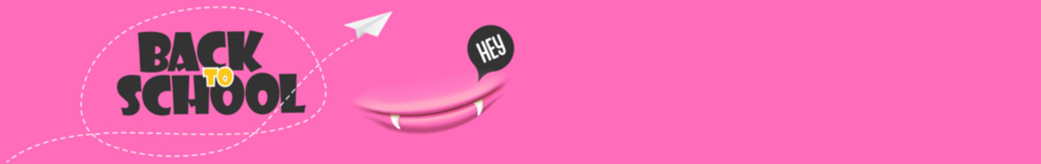 Back To School wide banner design template with funny smiling monster mouth and flying paper plane. pink welcome back to school wide background, poster, flyer, cover and sticker