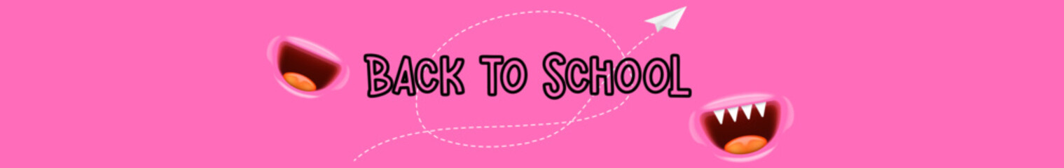 Back To School wide banner design template with funny smiling monster mouth and flying paper plane. pink welcome back to school wide background, poster, flyer, cover and sticker