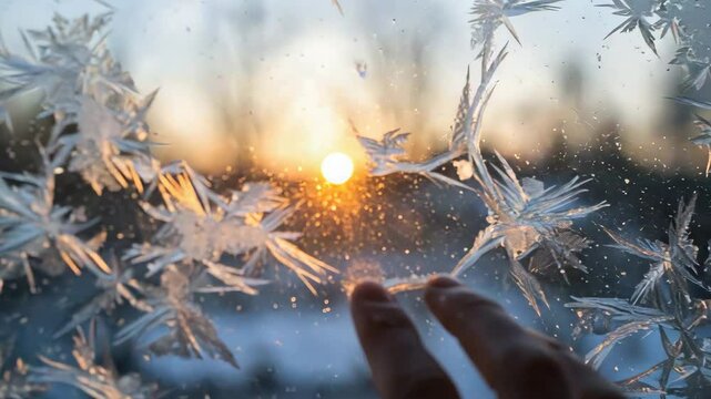 Person's hand longingly touching a frosty window representing warmth and hope against a winter sunrise backdrop