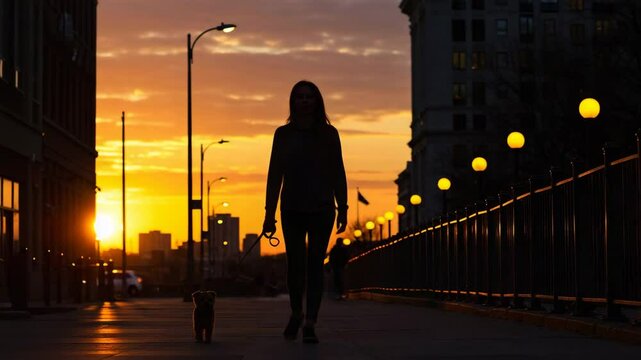 Silhouetted woman calmly walking her small dog on a city street against a golden sunset