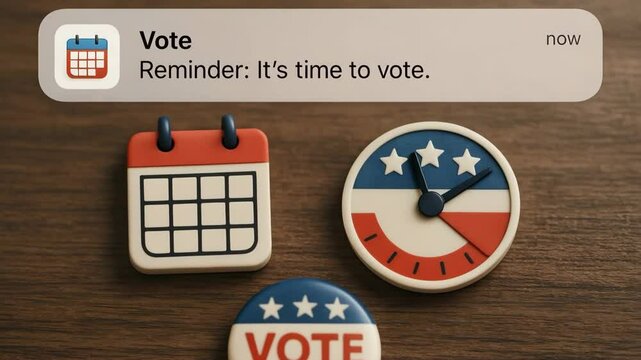 A mobile push banner says reminder: it&rsquo;s time to vote above American like patriotic calendar and clock icons. Concept of digital voter outreach and election-day alert.
