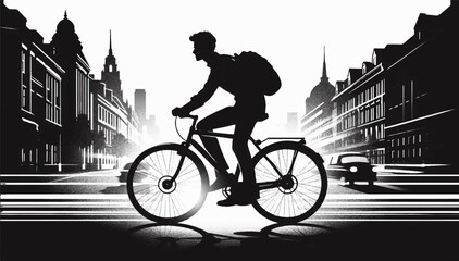 A black and white silhouette of a man riding a bicycle through the city. Vector graphics. EPS.